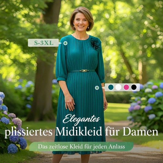 Elegantes plissiertes Midikleid mit 3/4-Ärmeln und Gürtel für Damen