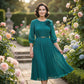 Elegantes plissiertes Midikleid mit 3/4-Ärmeln und Gürtel für Damen