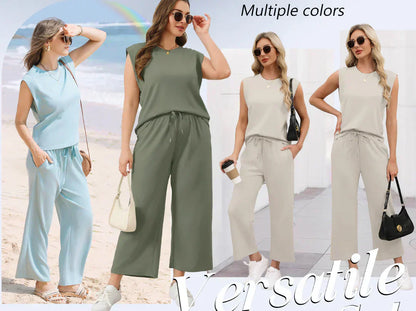 Damen Casual Cap Ärmel Top Weite Hosen Set