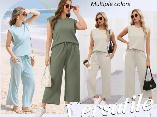 Damen Casual Cap Ärmel Top Weite Hosen Set