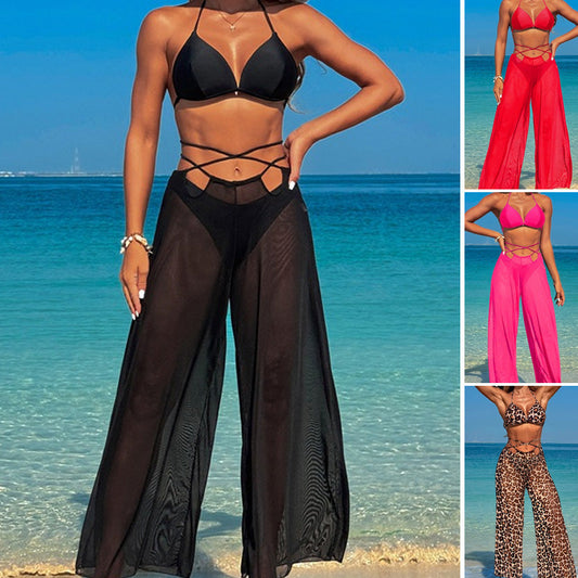 Transparente Strandhose Weites Bein, Wickelgürtel, leichtes Chiffon für den Strand