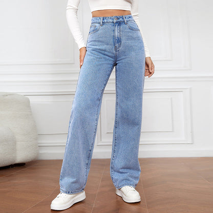 Lässige Stretchjeans mit hoher Taille, mehreren Taschen und weitem Bein