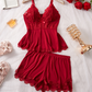 Nachtwäsche-Set aus Camisole und Shorts mit V-Ausschnitt und Spitzenbesatz✨Sanft und sexy – auch zu Hause sollst du stilvoll glänzen!